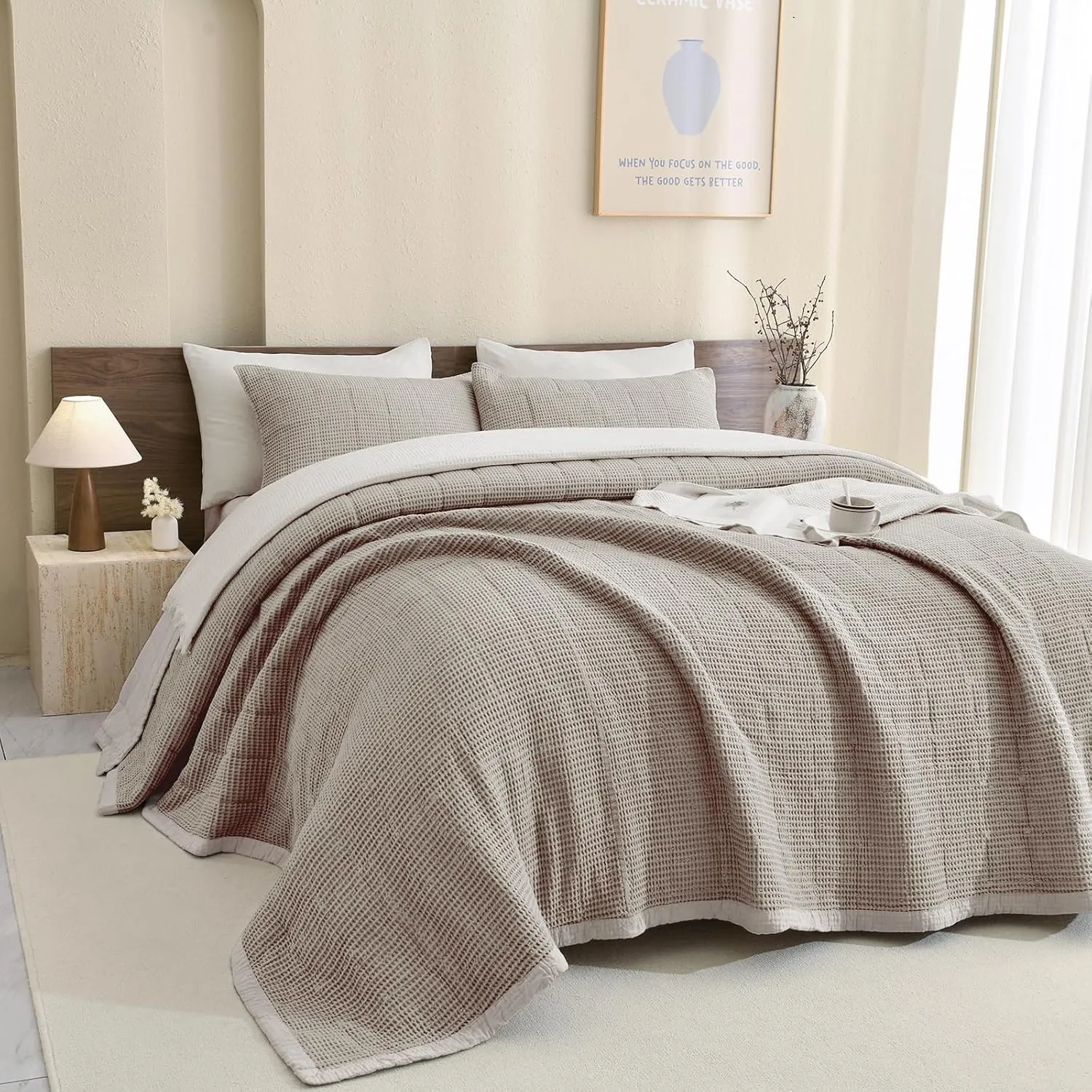 Sanracie Oversized King Bedspread(120"x120"),100% Cotton Waffle Weave Quilt Set 3Pcs Soft Lightweight Farmhouse Oversized King Quilt Bedding Set,Luxury Bedding Coverlet for All Seasons