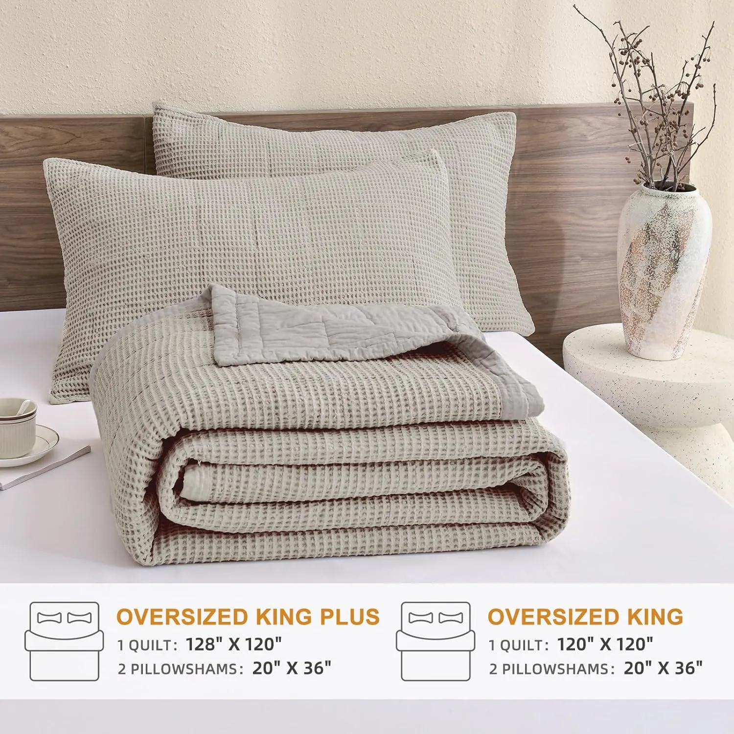Sanracie Oversized King Bedspread(120"x120"),100% Cotton Waffle Weave Quilt Set 3Pcs Soft Lightweight Farmhouse Oversized King Quilt Bedding Set,Luxury Bedding Coverlet for All Seasons
