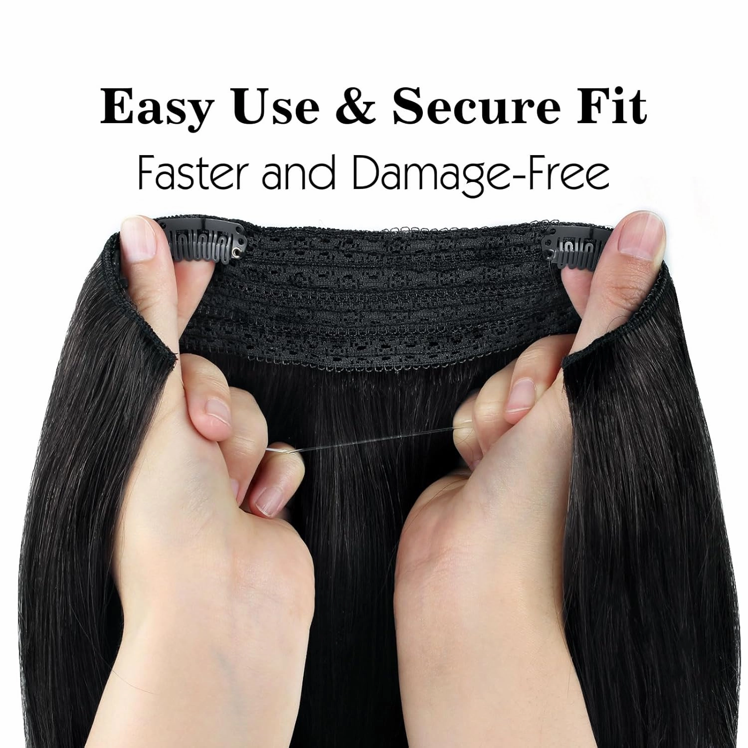 Sassina Invisible Wire Hair Extensions Real Human Hair with Transparent Wire Adjustable Size Secure Clips Natural Straight Secret Miracle Hairpiece, #1 Jet Black 16 Inch 80 Gram