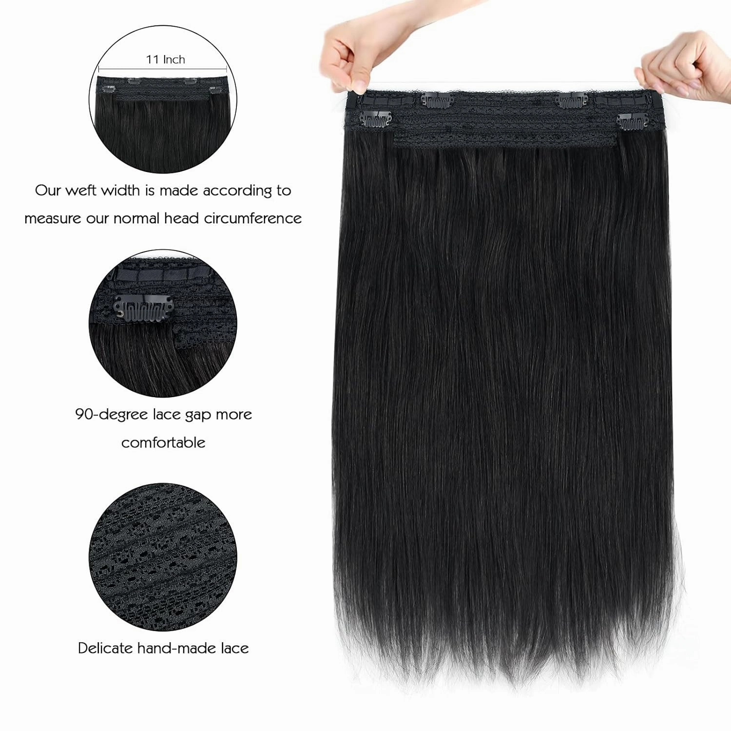 Sassina Invisible Wire Hair Extensions Real Human Hair with Transparent Wire Adjustable Size Secure Clips Natural Straight Secret Miracle Hairpiece, #1 Jet Black 16 Inch 80 Gram