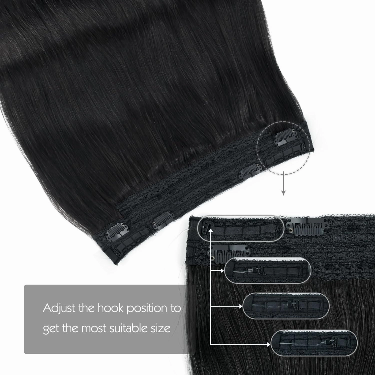 Sassina Invisible Wire Hair Extensions Real Human Hair with Transparent Wire Adjustable Size Secure Clips Natural Straight Secret Miracle Hairpiece, #1 Jet Black 16 Inch 80 Gram