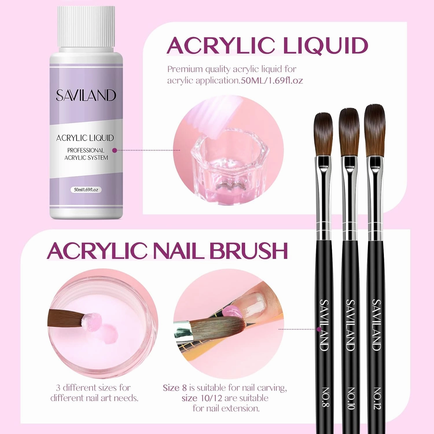 SAVILAND Acrylic Nail Kit with Drill: 15g Clear White Pink Acrylic Powder and Liquid Set Beginner Nail Kit with 100 Forms Brushes Primer Top Gel & Manicure Tools Kit for Extension 3D Carving Home DIY