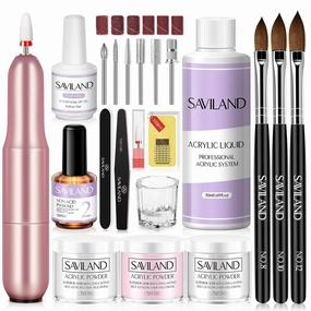 SAVILAND Acrylic Nail Kit with Drill: 15g Clear White Pink Acrylic Powder and Liquid Set Beginner Nail Kit with 100 Forms Brushes Primer Top Gel & Manicure Tools Kit for Extension 3D Carving Home DIY