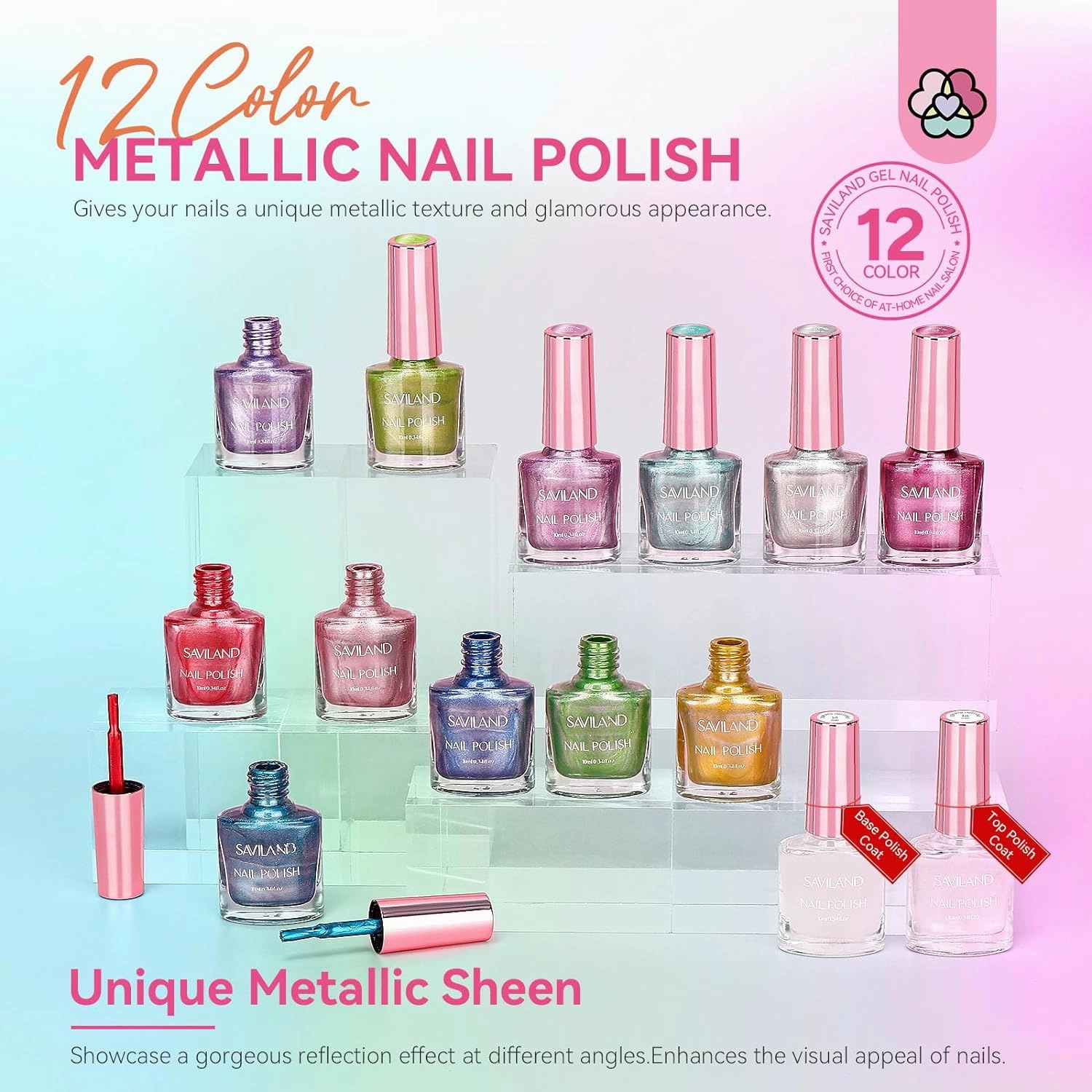 SAVILAND Metallic Nail Polish Set: 12 Colors Mirror Chrome Glitter Nail Polish 0.34oz Holographic Red Silver Pink Nail Polish Quick-Dry Base Top Polish Coat for Fingernail Toenail French Manicure Art