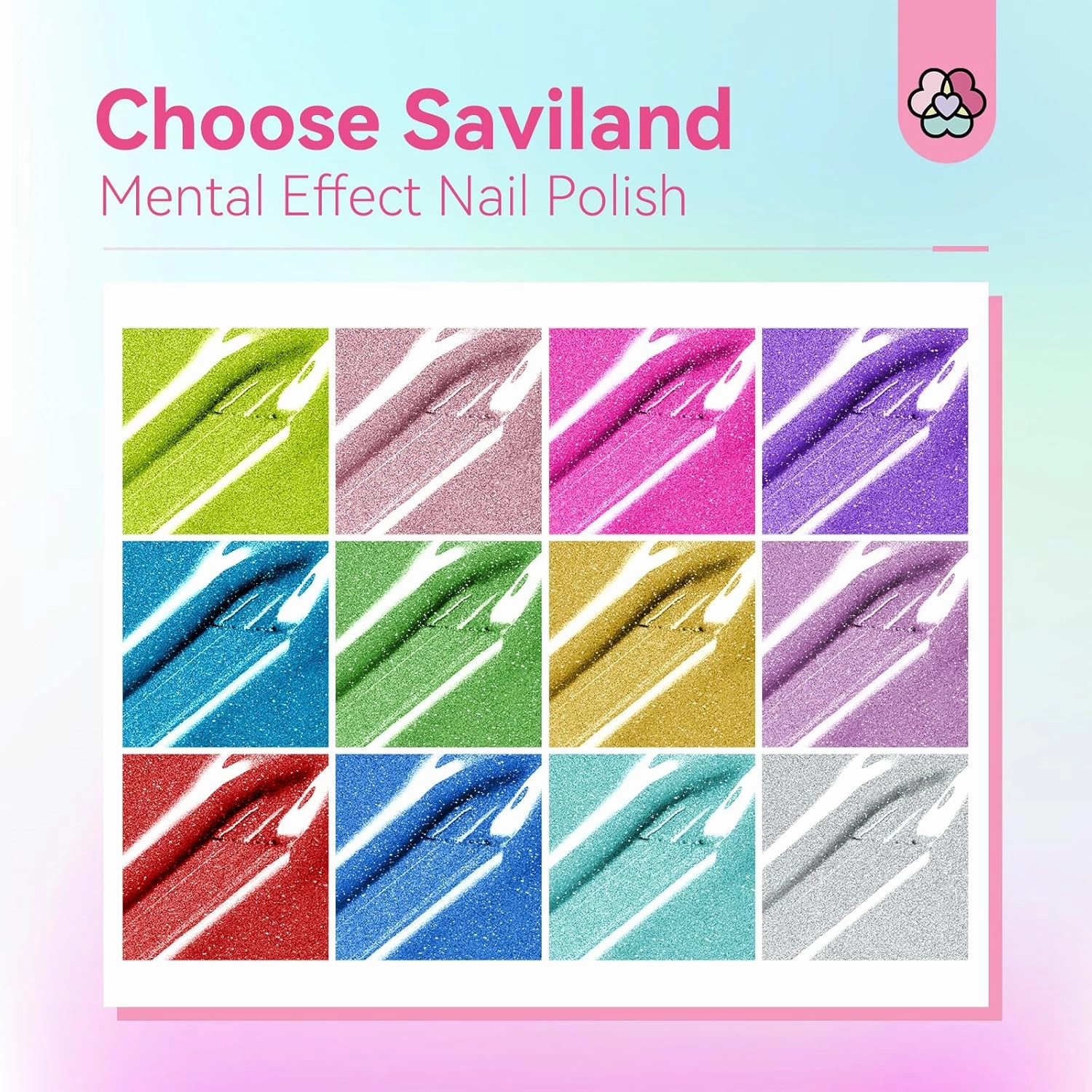 SAVILAND Metallic Nail Polish Set: 12 Colors Mirror Chrome Glitter Nail Polish 0.34oz Holographic Red Silver Pink Nail Polish Quick-Dry Base Top Polish Coat for Fingernail Toenail French Manicure Art