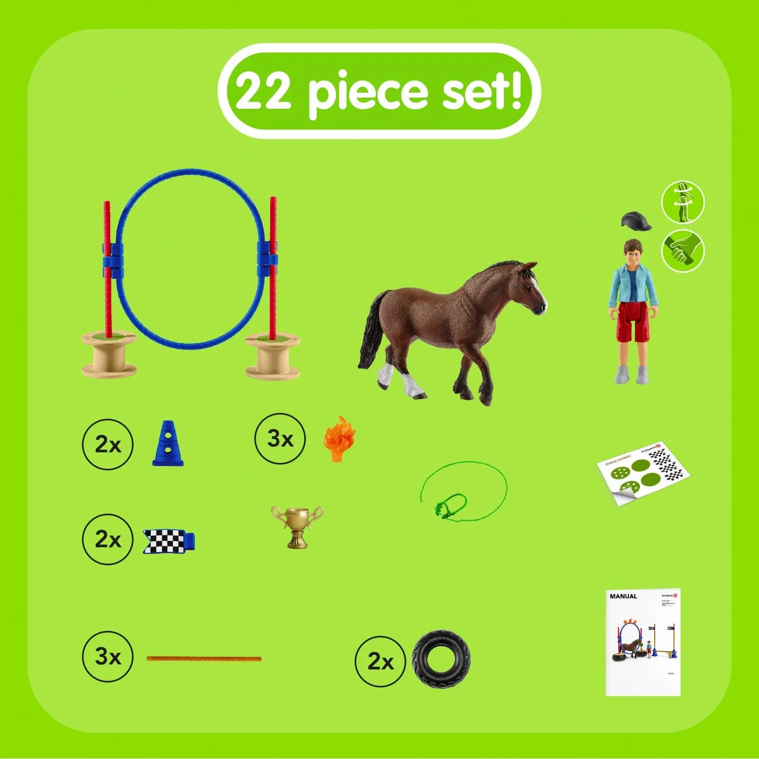 Schleich Farm World, Horse Toys for Kids, Pony Agility Race Playset with Horse Figurines and Accessories 22-Piece Set, Ages 3 