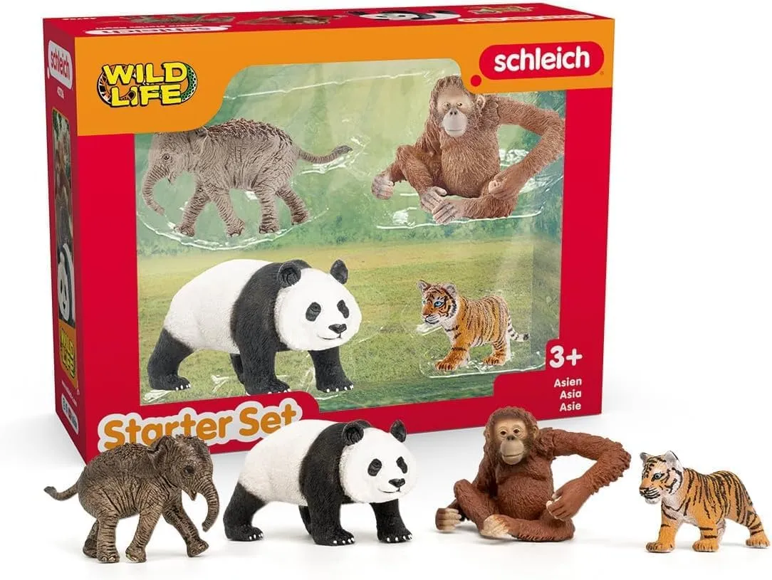 Schleich Wild Life Asia Starter Set – 4-Piece Miniature Wildlife Animal Set for Ages 3 , Featuring Elephant Calf, Giant Panda, Orangutan, and Tiger Cub