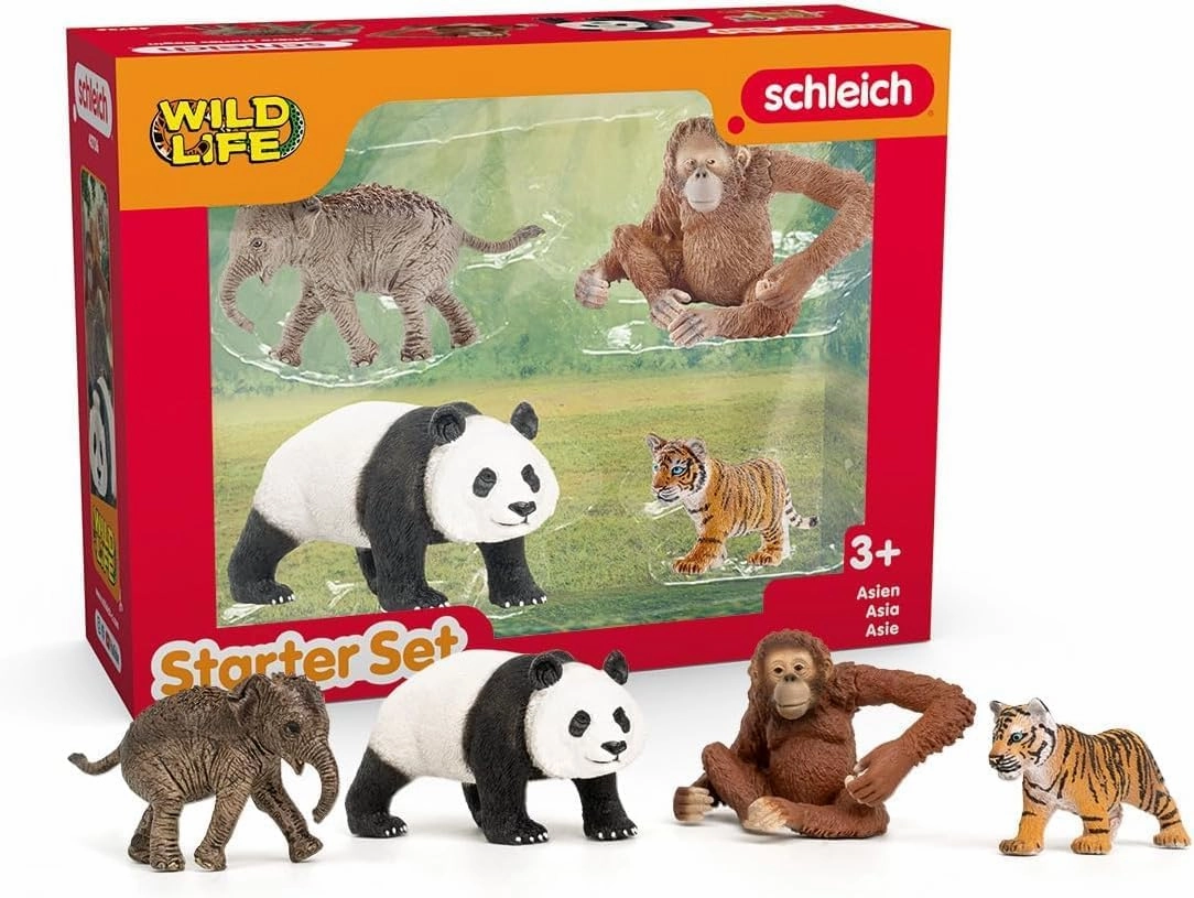 Schleich Wild Life Asia Starter Set – 4-Piece Miniature Wildlife Animal Set for Ages 3 , Featuring Elephant Calf, Giant Panda, Orangutan, and Tiger Cub