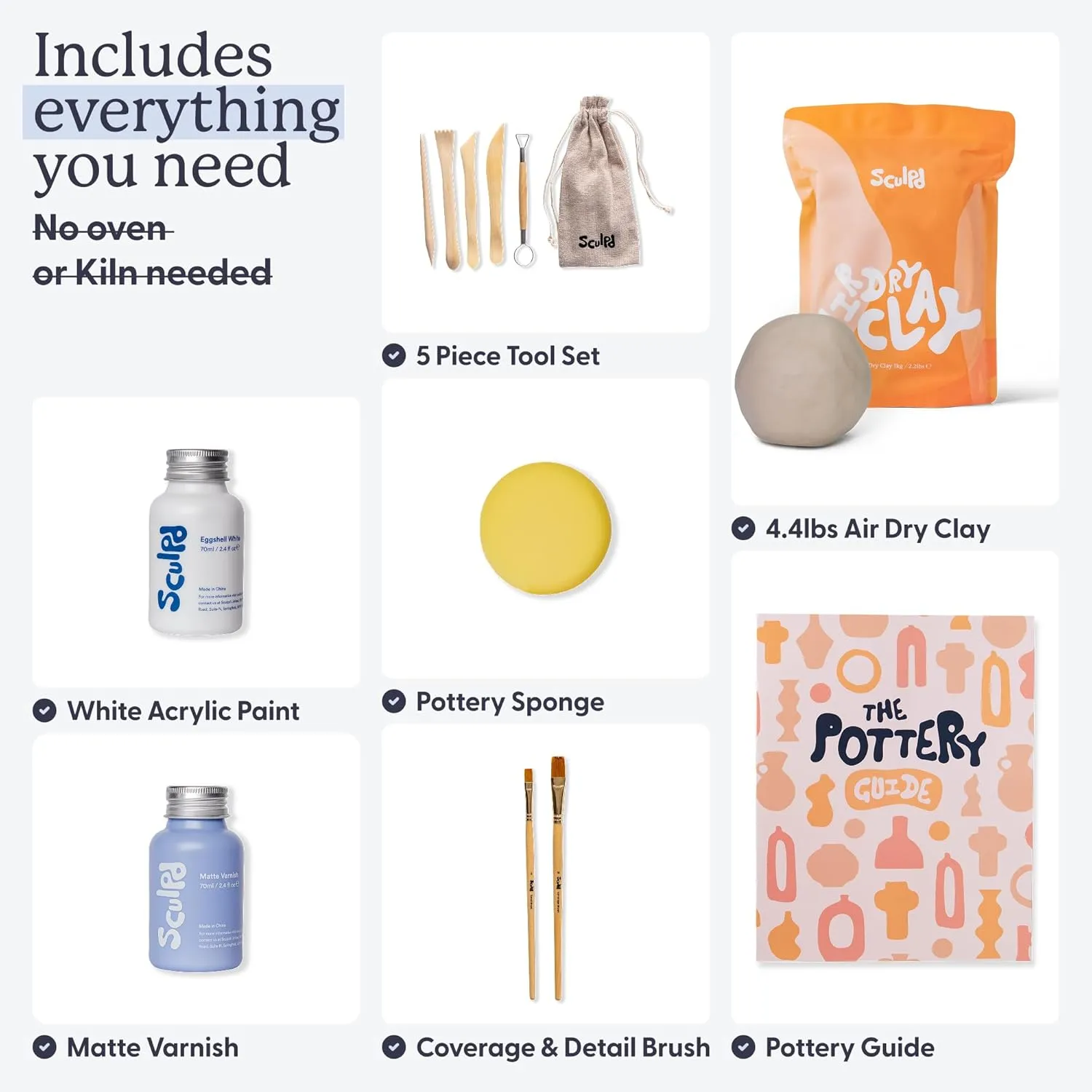 Sculpd - The Original Pottery Kit, Air Dry Clay Starter Kit for Beginners with Matte Varnish, Pottery Kit for Two Includes Paint, Tool Set, Paintbrushes, Sponge& Step-by-Step Guide,Clay Kit for Adults