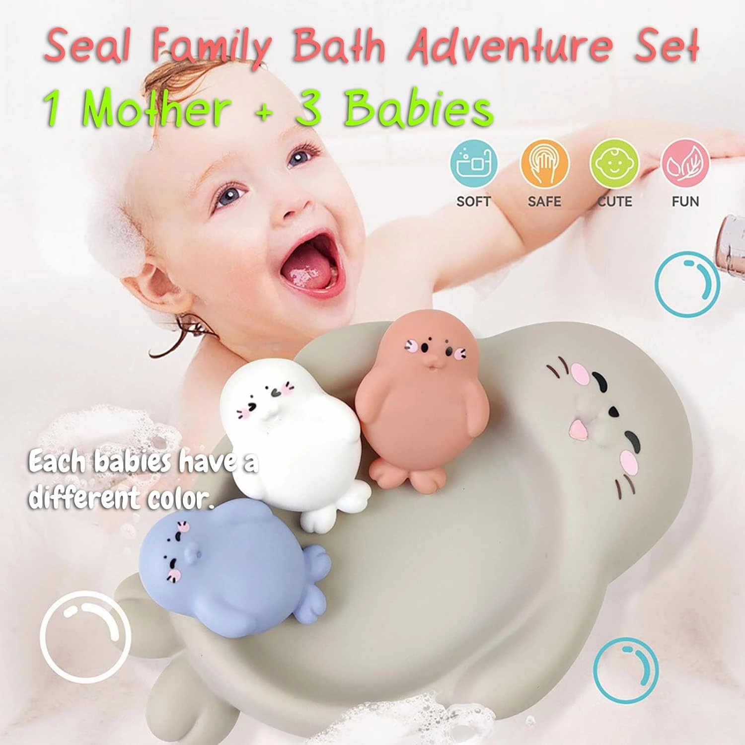 Seal Family Bath Adventure Set, 1 Mother Seal and 3 Baby Seals, Soft Vinyl Material, One-Piece No Hole Design (Seal)