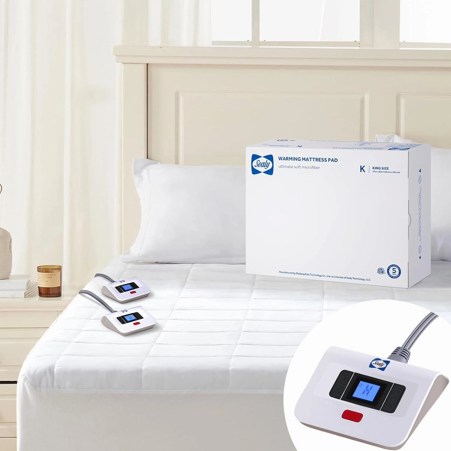 Sealy Electric Mattress Pad King Size, 10 Heating Settings Heated Mattress Pad, Bed Warmer with Dual Controller & Auto Off 1-12 Hours, Fit Up to 17 Inch, Machine Washable, 78"x80"