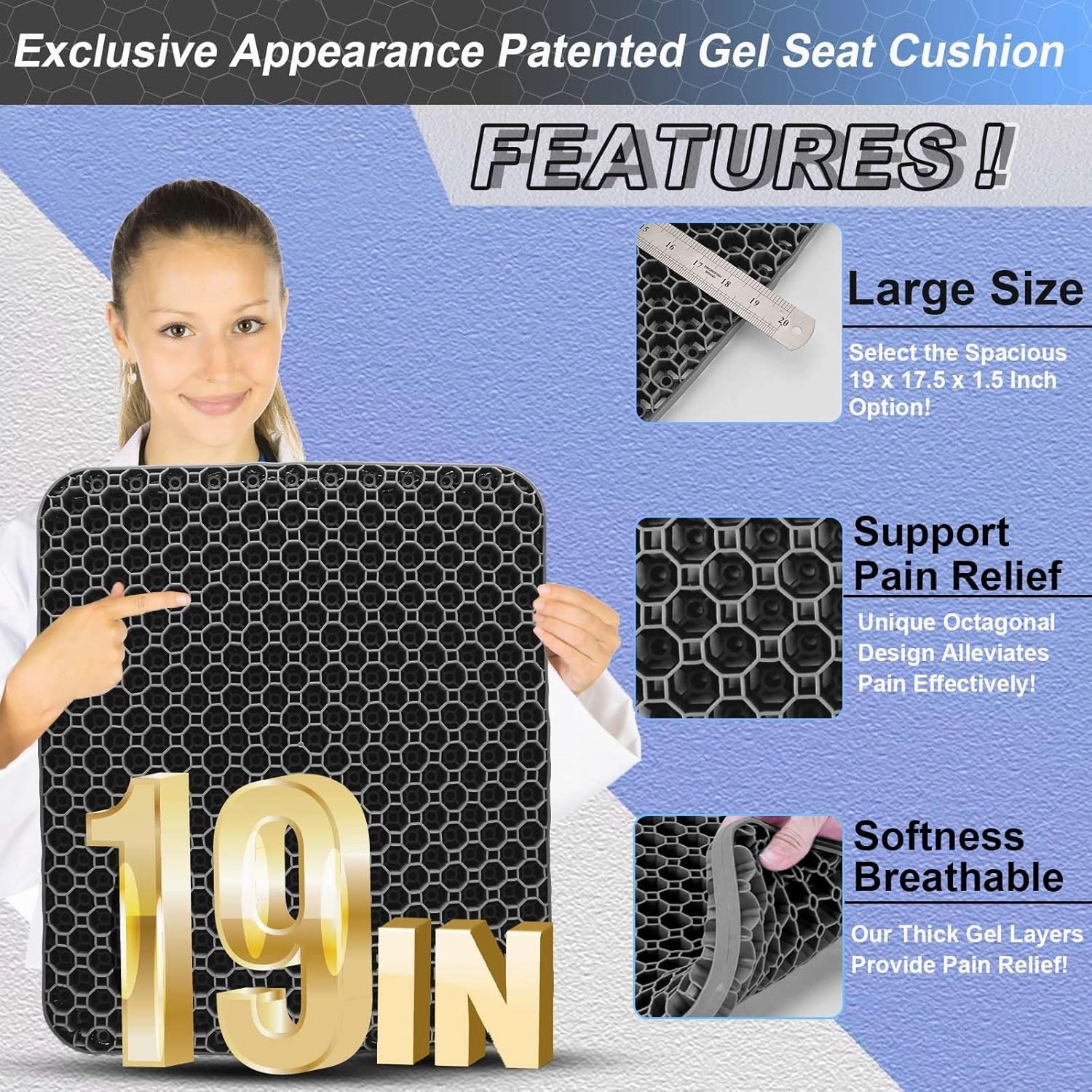 Seat Cushion, Gel Seat Cushion for Long Sitting– Back, Sciatica, Tailbone Pain Relief Pad, 19in Seat Pad for Car, Office Chair, Wheelchair, Soft Support for Long Trips