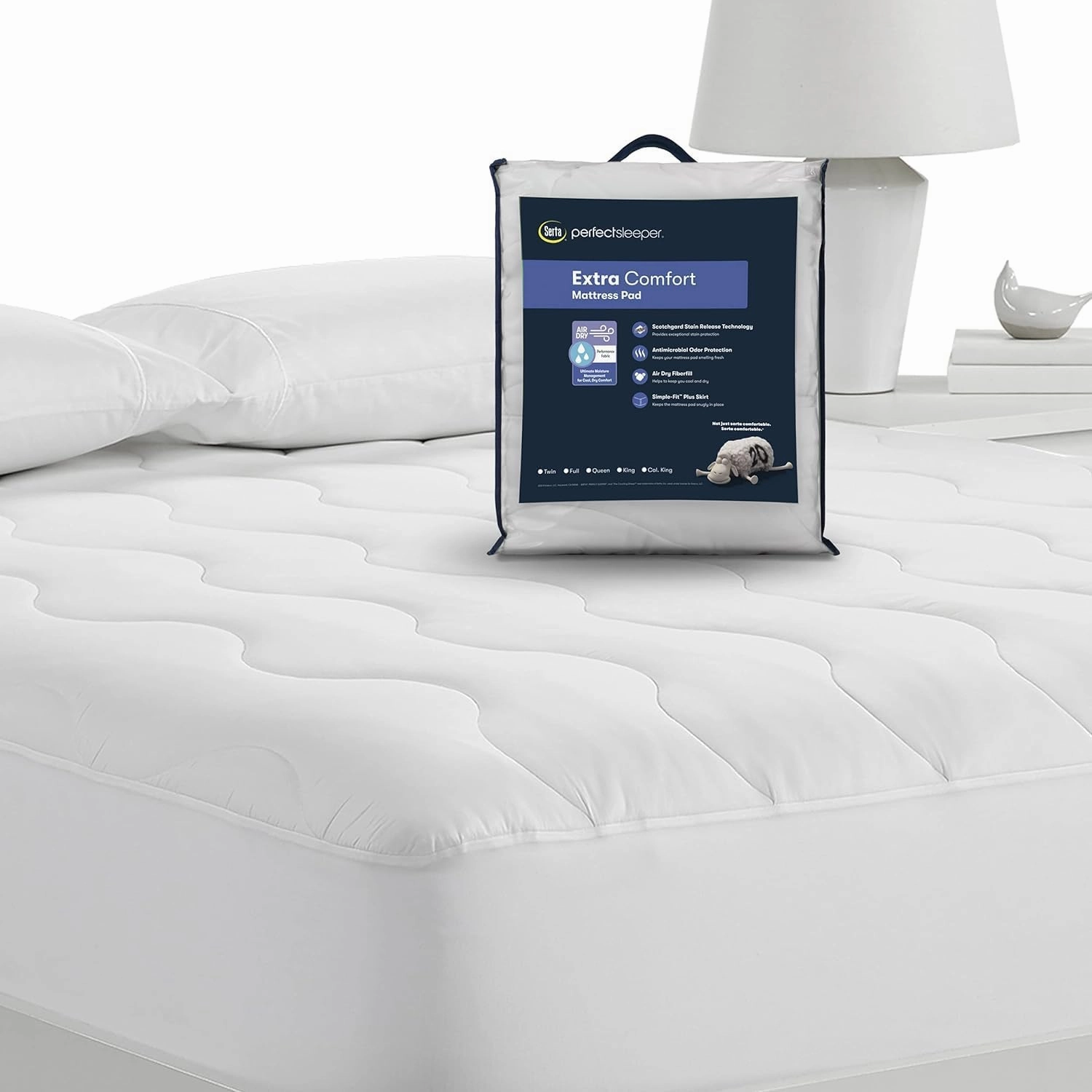 Serta Air Dry Extra Comfort Performance Fabric Quilted Mattress Pad, Cooling and Breathable Mattress Cover, Moisture Wicking Protection with 15" Deep Pocket, California King, White