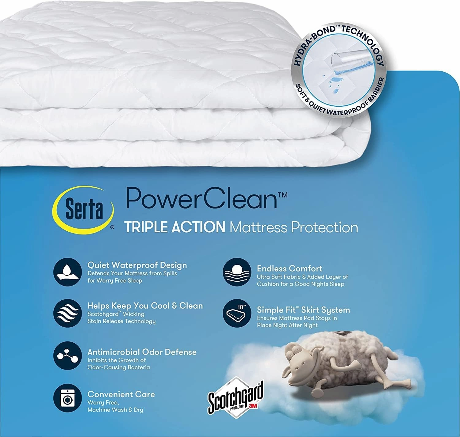 SERTA Power Clean Triple Action Quilted Soft Waterproof Mattress Pad Protector, Moisture Wicking Protection with 15" Deep Pocket, Twin, White
