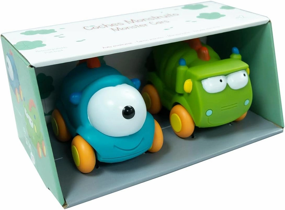 Set of 2 Soft Rubber Monster Cars in Two Colours Blue and Green, Roll on Any Surface, Easy and Safe Grip (751T00555)