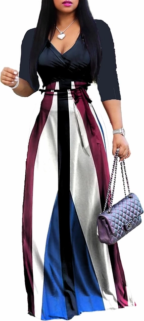 Sexy V Neck Print Maxi Dress for Women Casual Loose 3/4 Sleeves Outfits with Belt