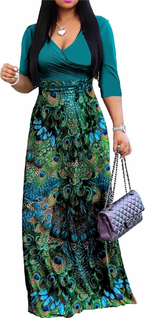 Sexy V Neck Print Maxi Dress for Women Casual Loose 3/4 Sleeves Outfits with Belt