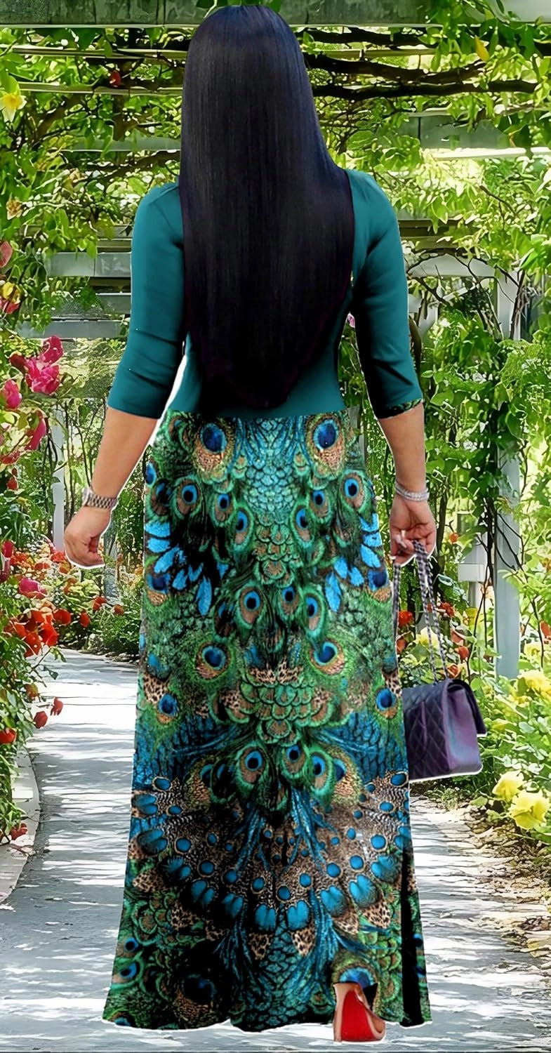 Sexy V Neck Print Maxi Dress for Women Casual Loose 3/4 Sleeves Outfits with Belt