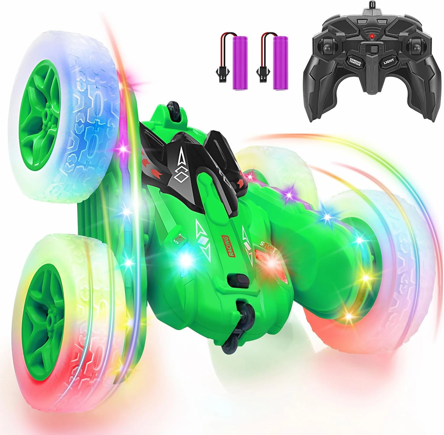 SGILE Remote Control Car, Stunt Car with Sides Light Strip and Headlights, 2.4Ghz Double Sided 360 Flips Rotating Race Cars, Rechargeable RC Cars Kids Toy for Boys Girls Birthday Gift, Green