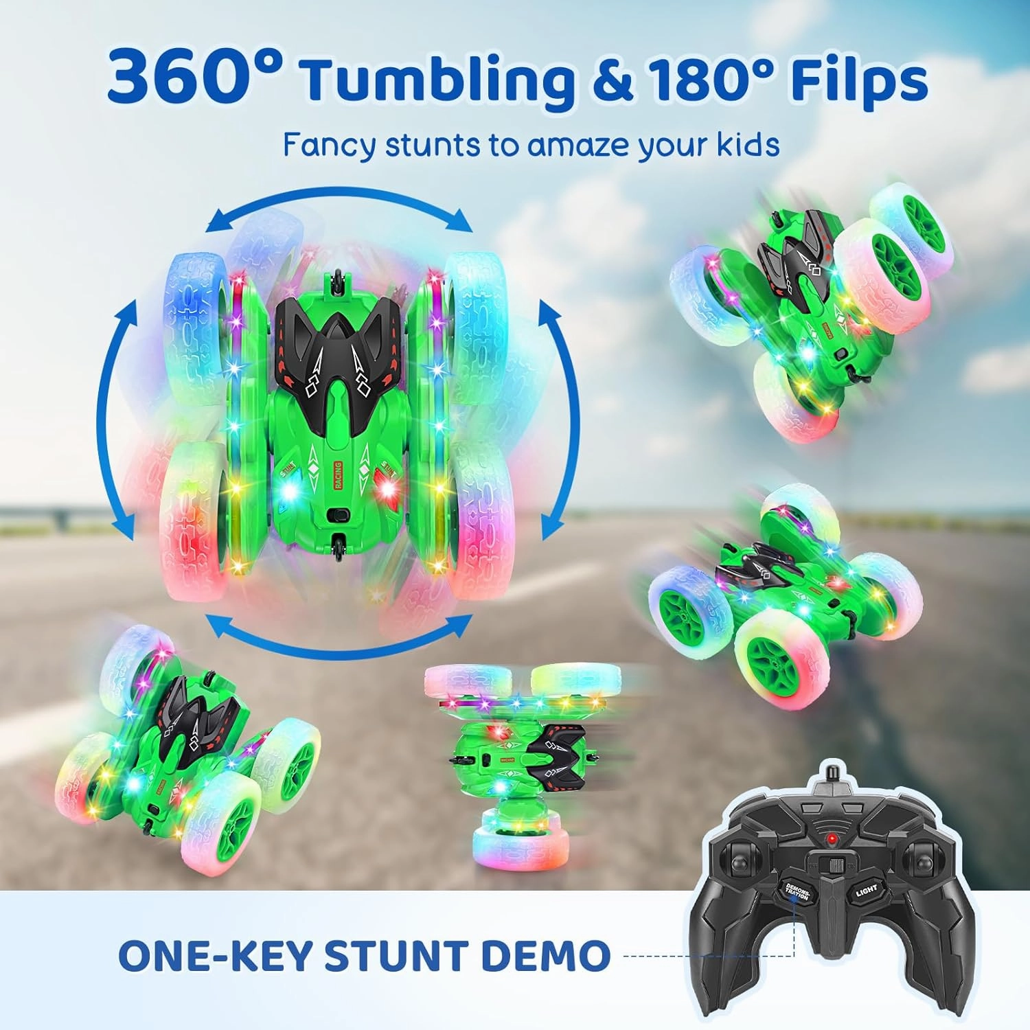 SGILE Remote Control Car, Stunt Car with Sides Light Strip and Headlights, 2.4Ghz Double Sided 360 Flips Rotating Race Cars, Rechargeable RC Cars Kids Toy for Boys Girls Birthday Gift, Green