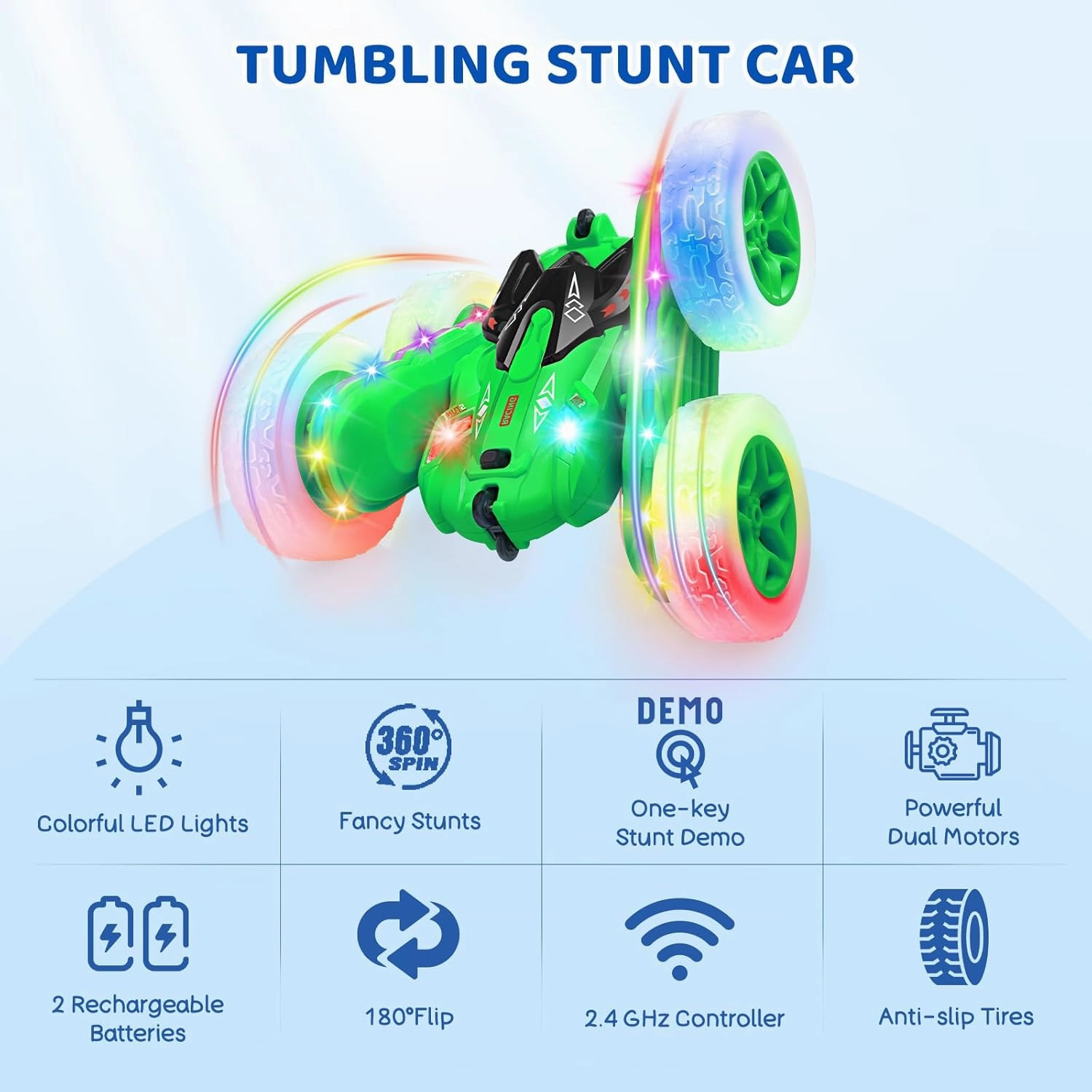 SGILE Remote Control Car, Stunt Car with Sides Light Strip and Headlights, 2.4Ghz Double Sided 360 Flips Rotating Race Cars, Rechargeable RC Cars Kids Toy for Boys Girls Birthday Gift, Green
