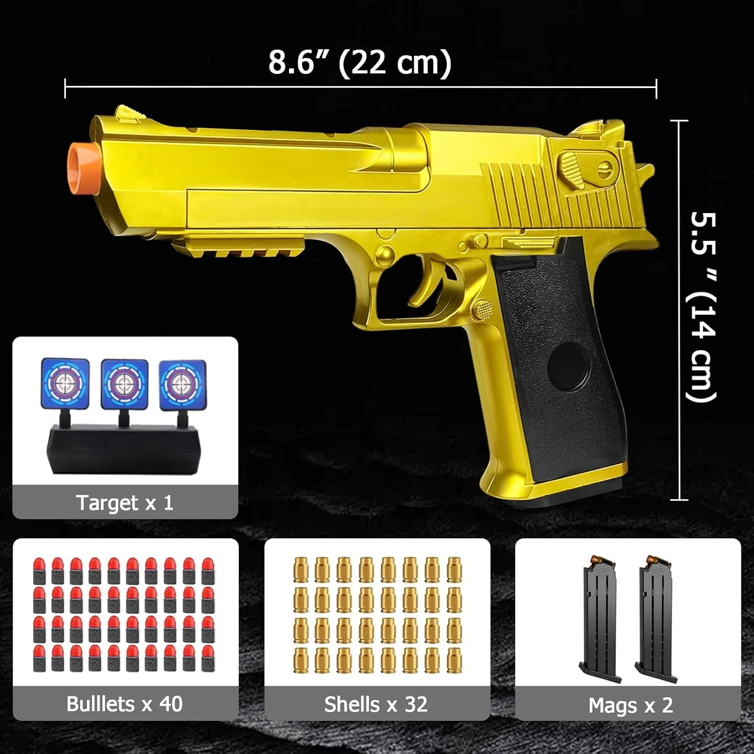 Shell Ejecting Toy Gun, Toy Gun Pistol with Soft Bullets, Shooting Games Educational Model Toys, Gifts for Kids Girls Boys (Gold)