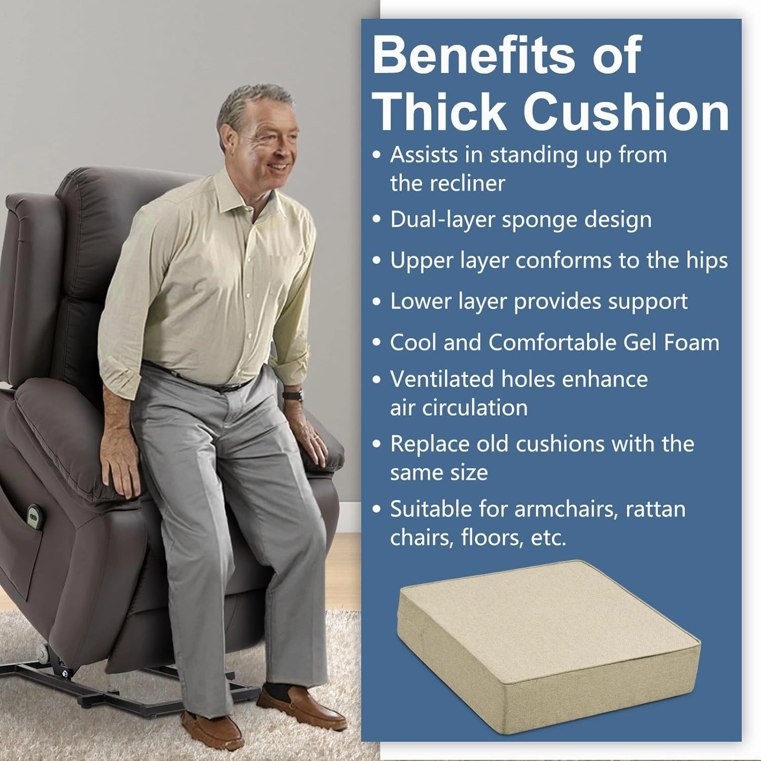 Shinnwa Gel Memory Foam Recliner Cushion for Elderly, Dual-Layer Foam Chair Pad, Extra Large Seat Cushion for Couch, Armchair, Wicker Chairs, Floor, 20 × 20 × 5in, Beige