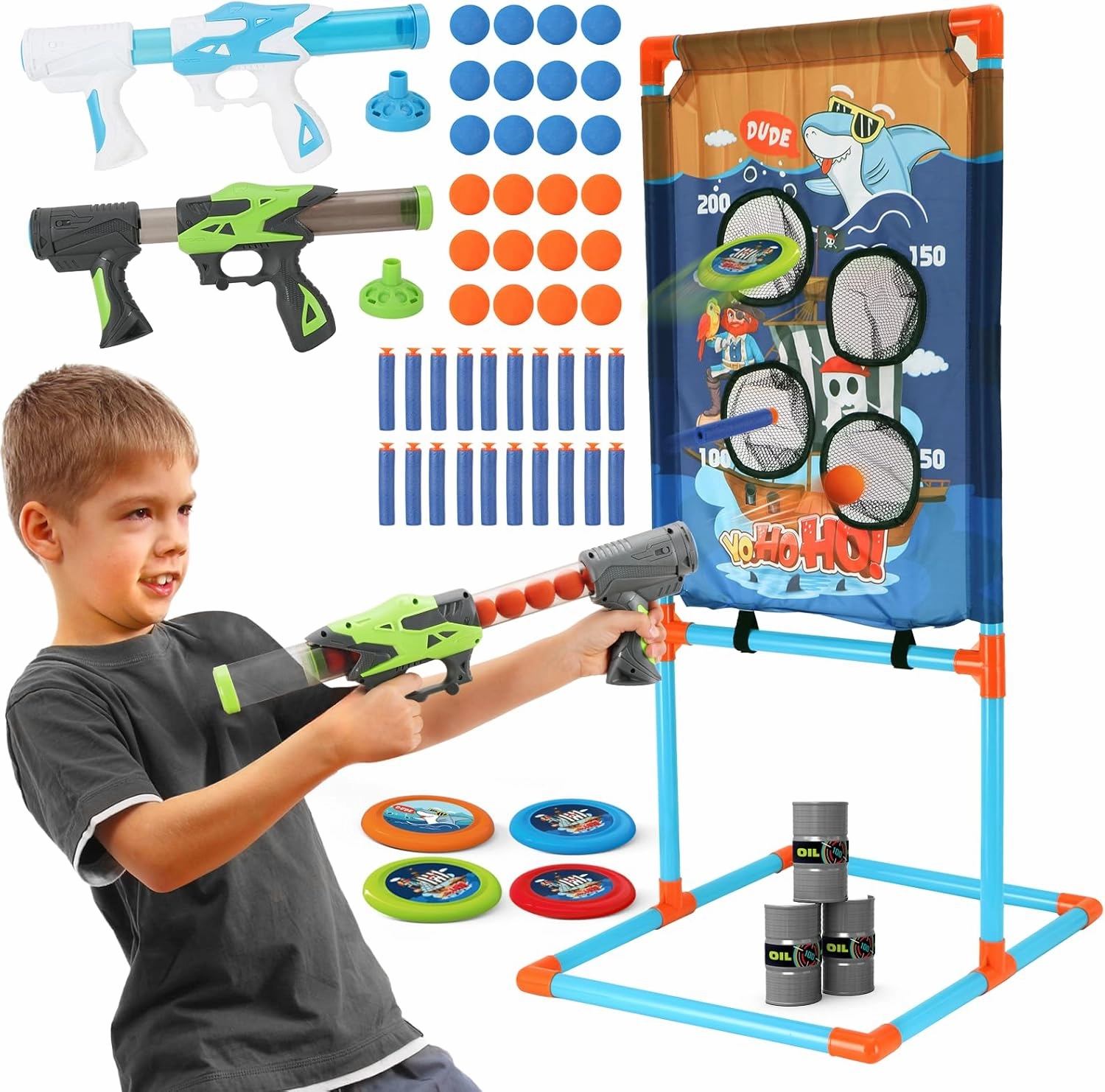 Shooting Games for Kids - 2 Player Air Guns, Shooting Target, 24 Foam Balls, Foam Darts, Oil-Tank Targets, Flying Discs - Shooting Toys Gifts for Boys Kids Adults Age 5 6 7 8 9 10 11 12 
