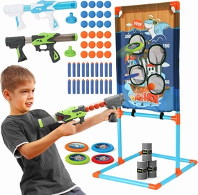 Shooting Games for Kids - 2 Player Air Guns, Shooting Target, 24 Foam Balls, Foam Darts, Oil-Tank Targets, Flying Discs - Shooting Toys Gifts for Boys Kids Adults Age 5 6 7 8 9 10 11 12 