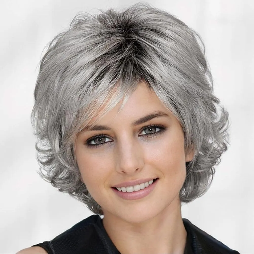 Short Gray Wigs for Women with Bangs Dark Roots Pixie Cut Wig Layered Synthetic Hair Wigs for Daily Use