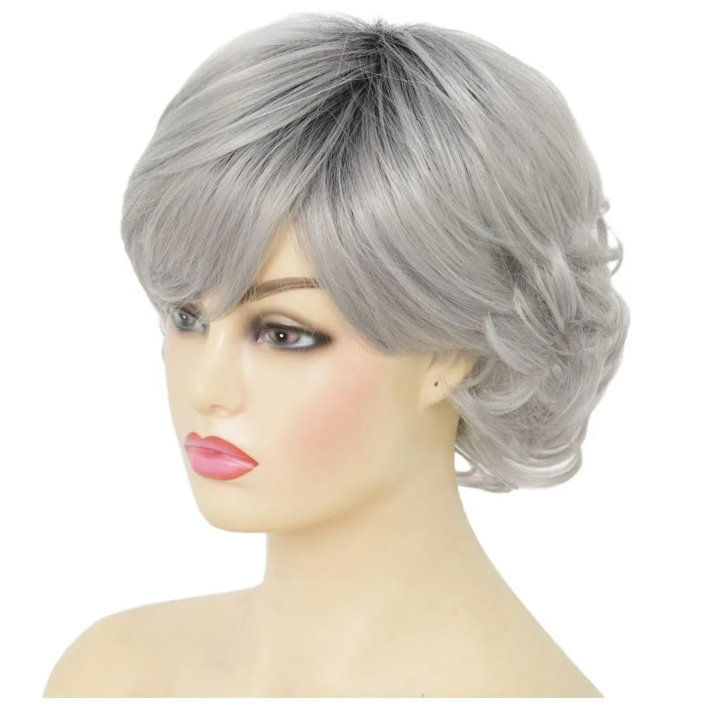 Short Gray Wigs for Women with Bangs Dark Roots Pixie Cut Wig Layered Synthetic Hair Wigs for Daily Use