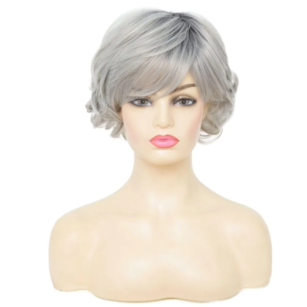 Short Gray Wigs for Women with Bangs Dark Roots Pixie Cut Wig Layered Synthetic Hair Wigs for Daily Use
