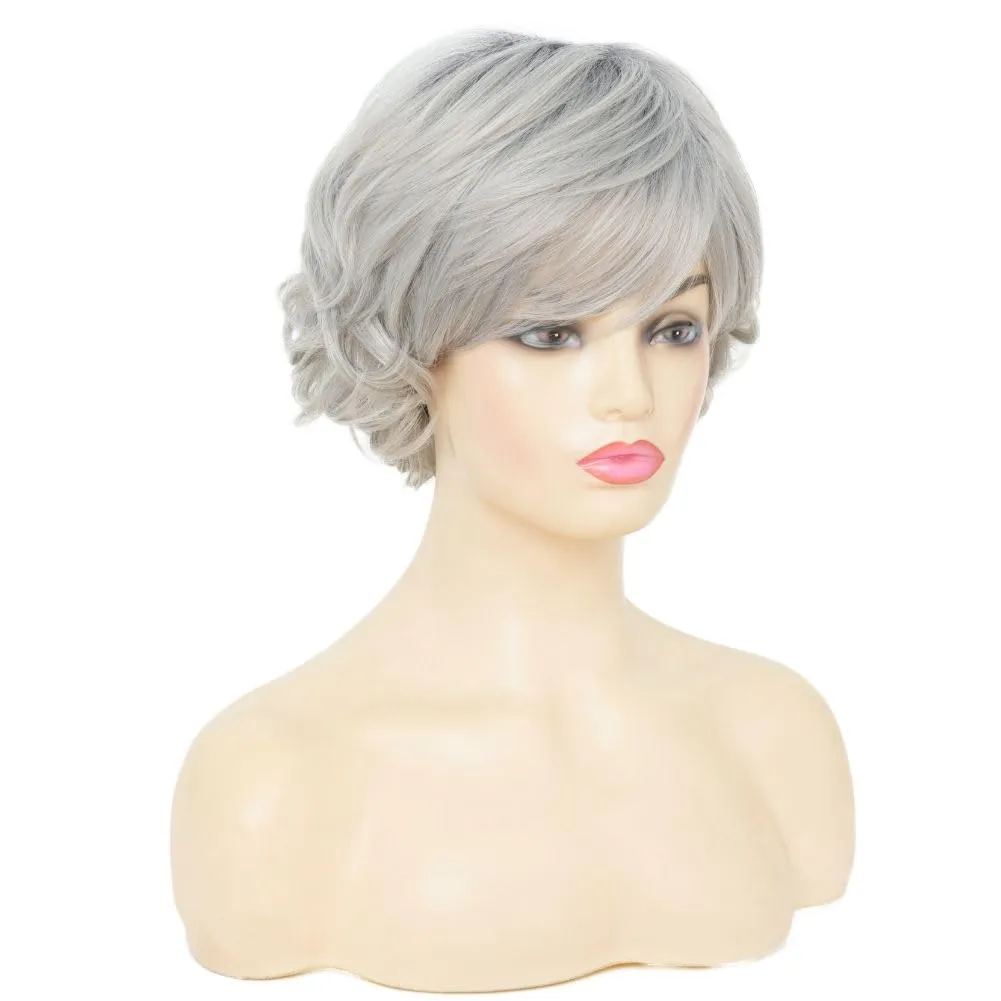 Short Gray Wigs for Women with Bangs Dark Roots Pixie Cut Wig Layered Synthetic Hair Wigs for Daily Use