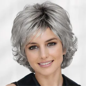 Short Gray Wigs for Women with Bangs Dark Roots Pixie Cut Wig Layered Synthetic Hair Wigs for Daily Use
