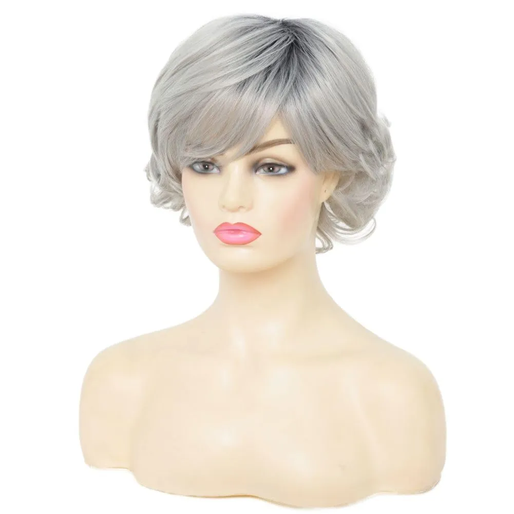 Short Gray Wigs for Women with Bangs Dark Roots Pixie Cut Wig Layered Synthetic Hair Wigs for Daily Use
