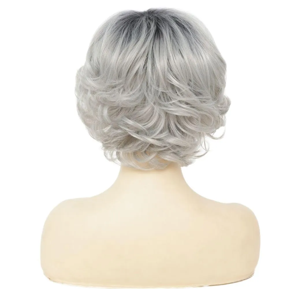 Short Gray Wigs for Women with Bangs Dark Roots Pixie Cut Wig Layered Synthetic Hair Wigs for Daily Use