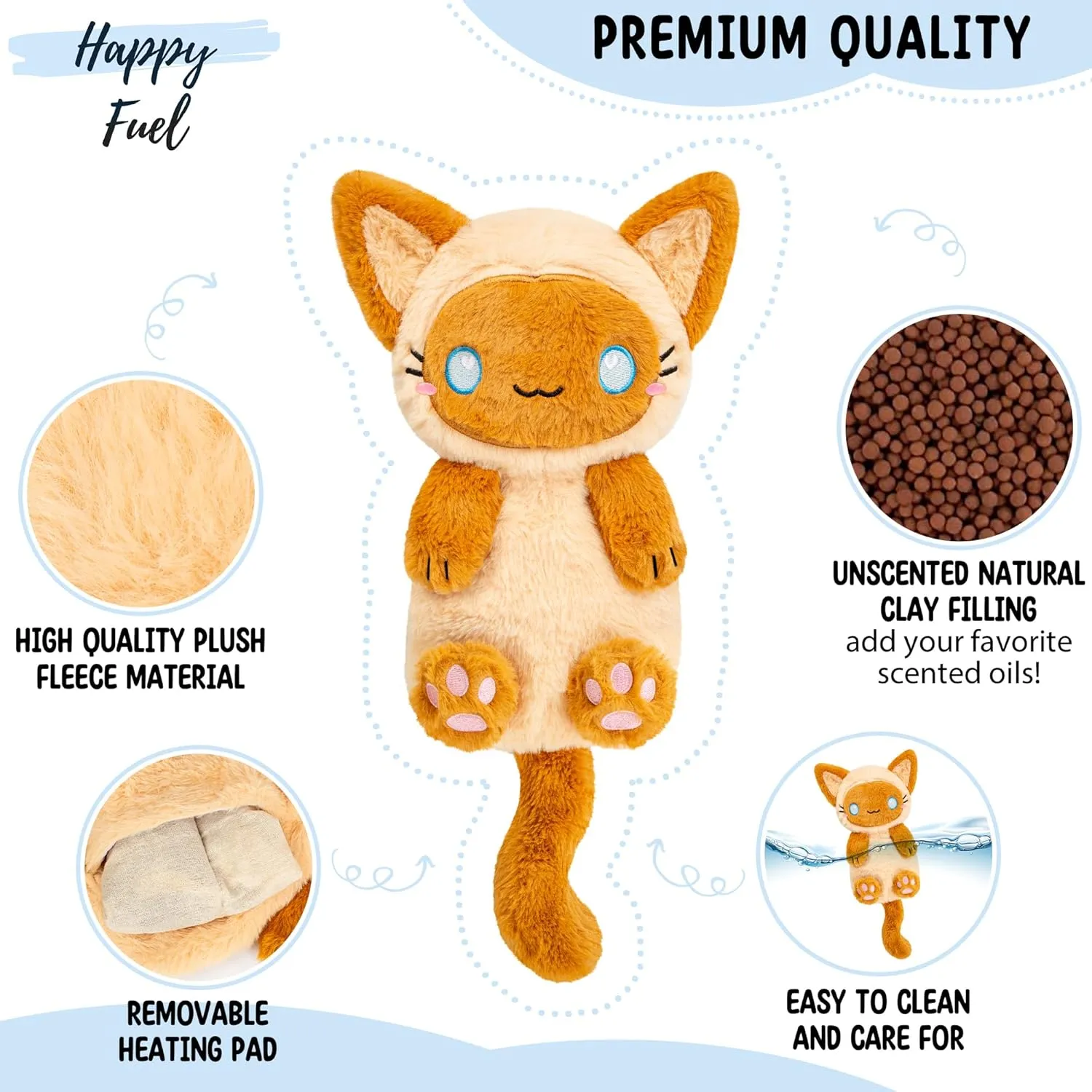 Siamese Cat Microwavable 1.5 lbs Unscented Heating Pad for Women and Kids- Cute Soft Cozy Pillow Plush Heatable Warm Stuffed Animals- Kawaii Hot and Cold Plushie- Siamese Cat Gifts for Girls and Women