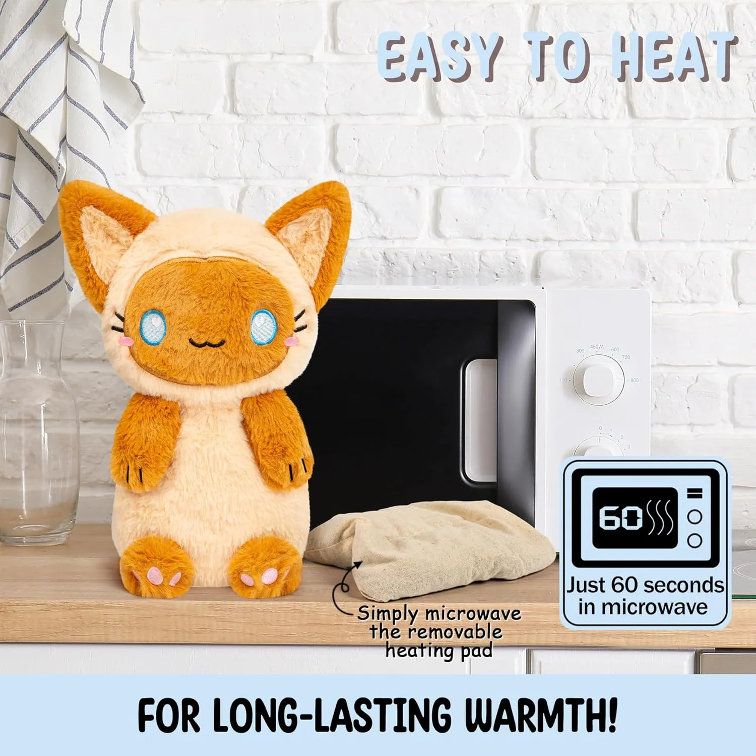 Siamese Cat Microwavable 1.5 lbs Unscented Heating Pad for Women and Kids- Cute Soft Cozy Pillow Plush Heatable Warm Stuffed Animals- Kawaii Hot and Cold Plushie- Siamese Cat Gifts for Girls and Women