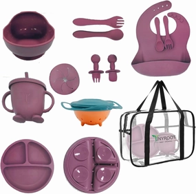 Silicone Baby Feeding Set - Plates, Bowls With Suction, Utensils, Essentials, Gyro Bowls for Toddlers (Dark Pink)