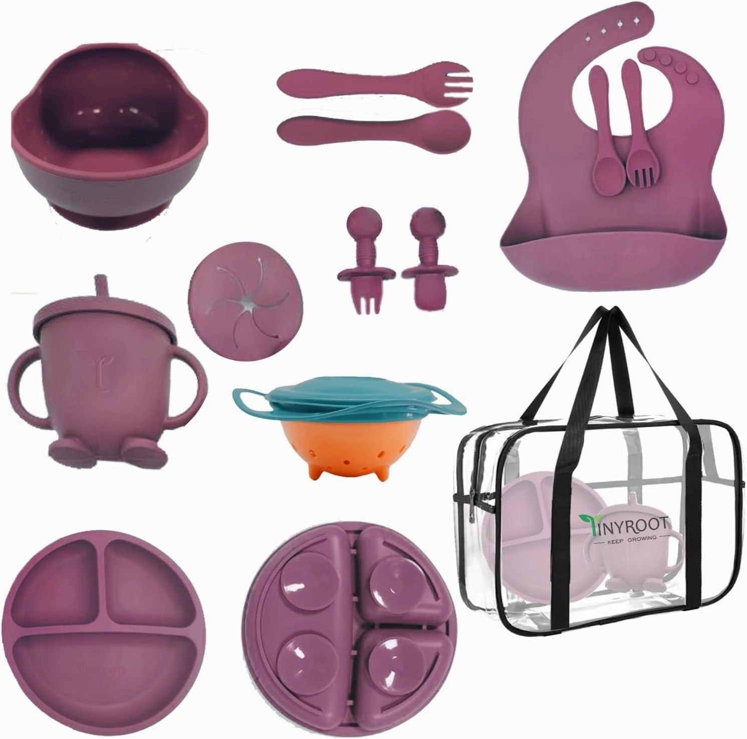 Silicone Baby Feeding Set - Plates, Bowls With Suction, Utensils, Essentials, Gyro Bowls for Toddlers (Dark Pink)