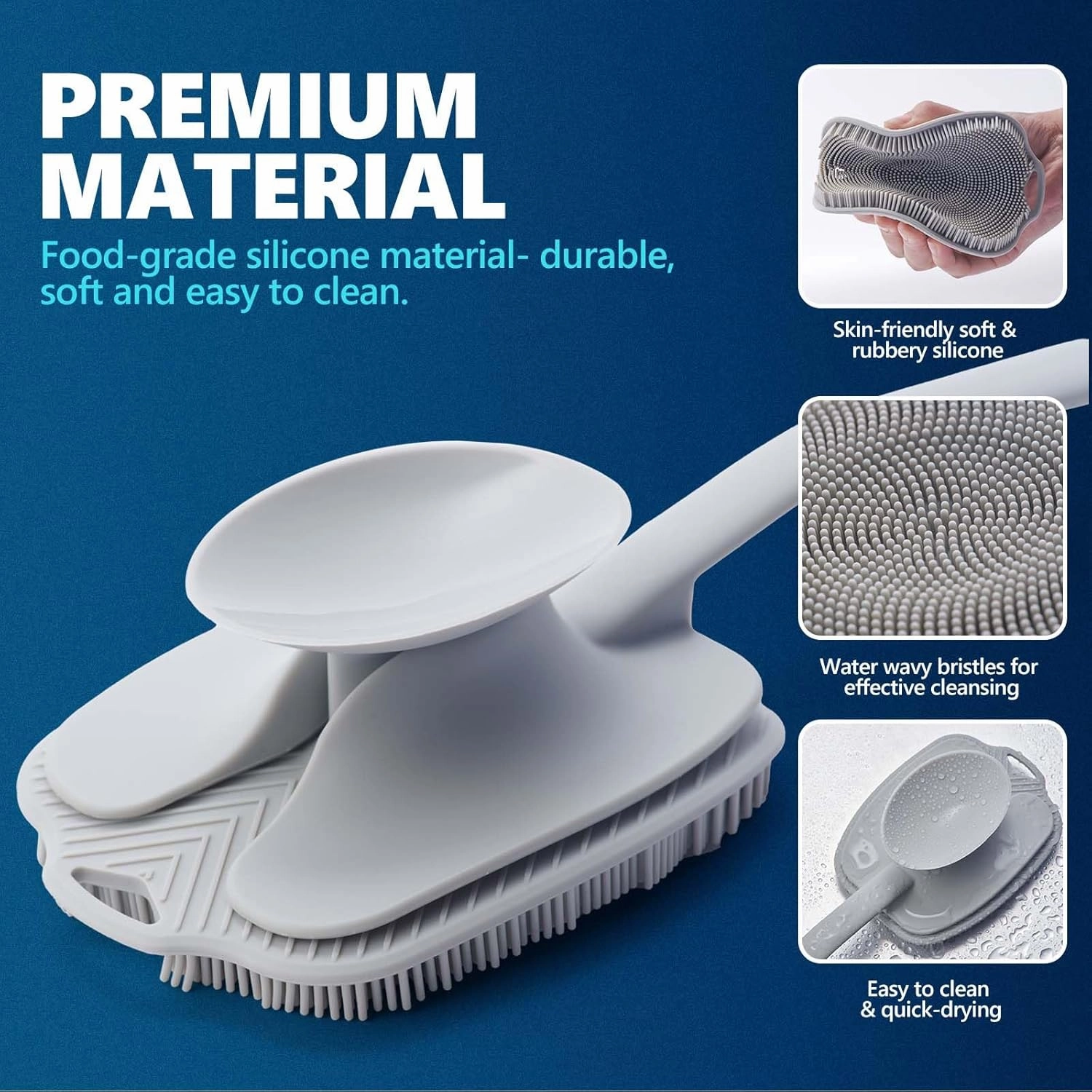 Silicone Back Scrubber for Shower, Detachable Long Handle Body Scrub Brush, Shower Brush for Shower Exfoliating and Message, Dual Purpose Overall Cleaning - Grey