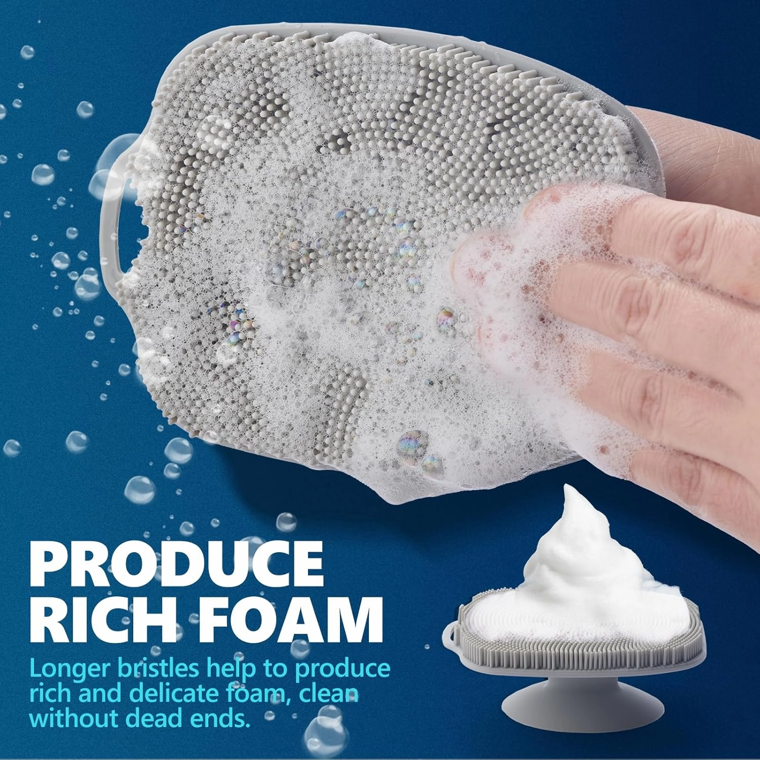 Silicone Back Scrubber for Shower, Detachable Long Handle Body Scrub Brush, Shower Brush for Shower Exfoliating and Message, Dual Purpose Overall Cleaning - Grey