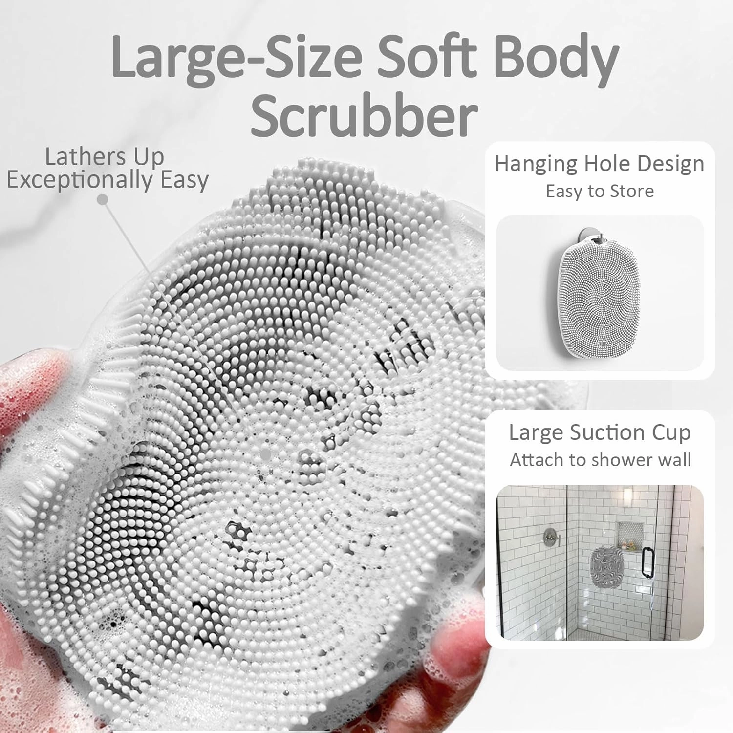 Silicone Back Scrubber for Shower, Detachable Long Handle Body Scrub Brush, Shower Brush for Shower Exfoliating and Message, Dual Purpose Overall Cleaning - Grey