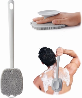 Silicone Back Scrubber for Shower, Detachable Long Handle Body Scrub Brush, Shower Brush for Shower Exfoliating and Message, Dual Purpose Overall Cleaning - Grey