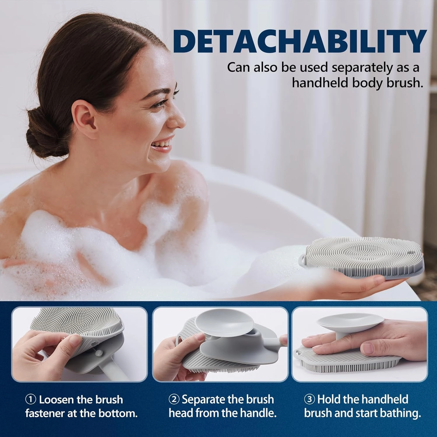 Silicone Back Scrubber for Shower, Detachable Long Handle Body Scrub Brush, Shower Brush for Shower Exfoliating and Message, Dual Purpose Overall Cleaning - Grey