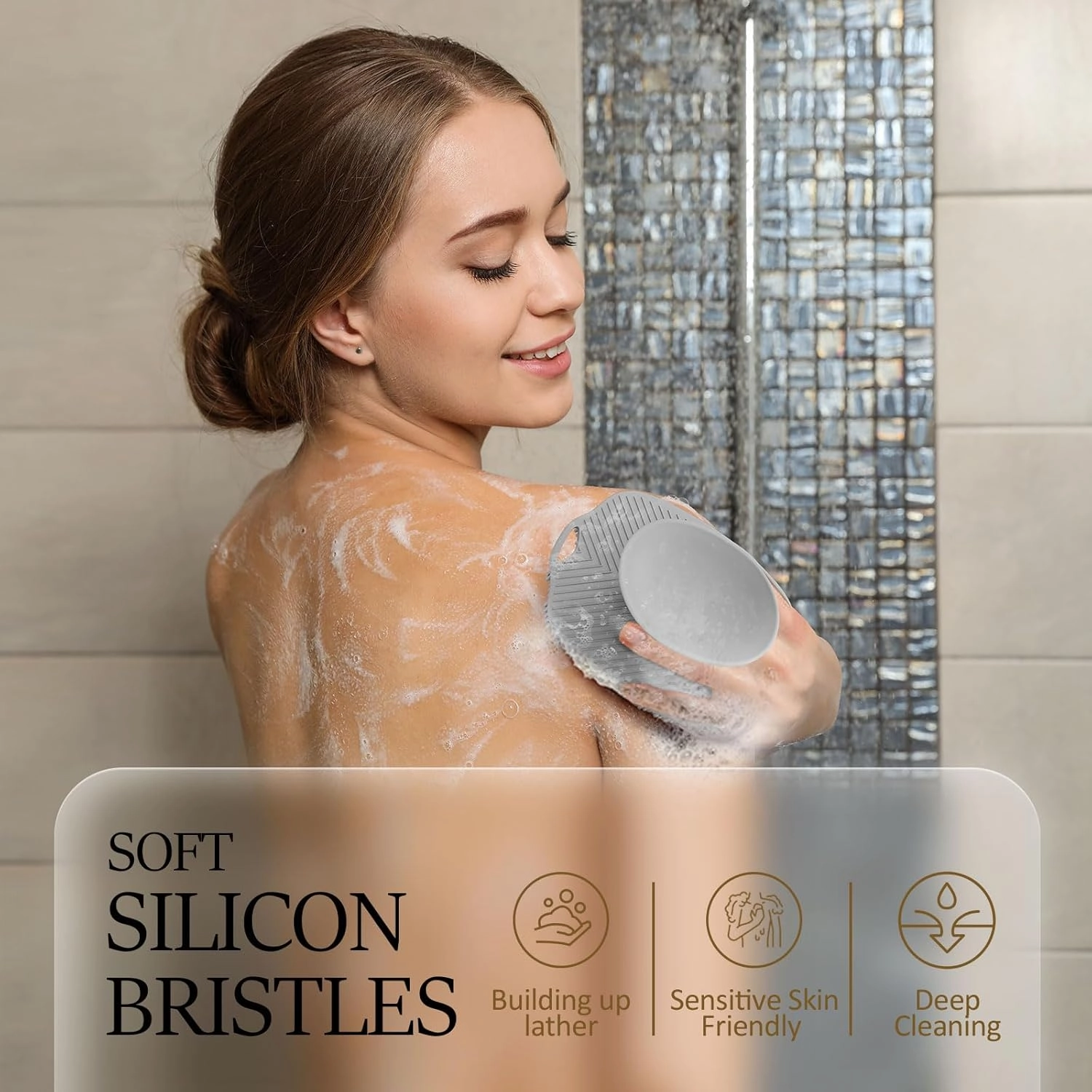 Silicone Back Scrubber for Shower, Detachable Long Handle Body Scrub Brush, Shower Brush for Shower Exfoliating and Message, Dual Purpose Overall Cleaning - Grey
