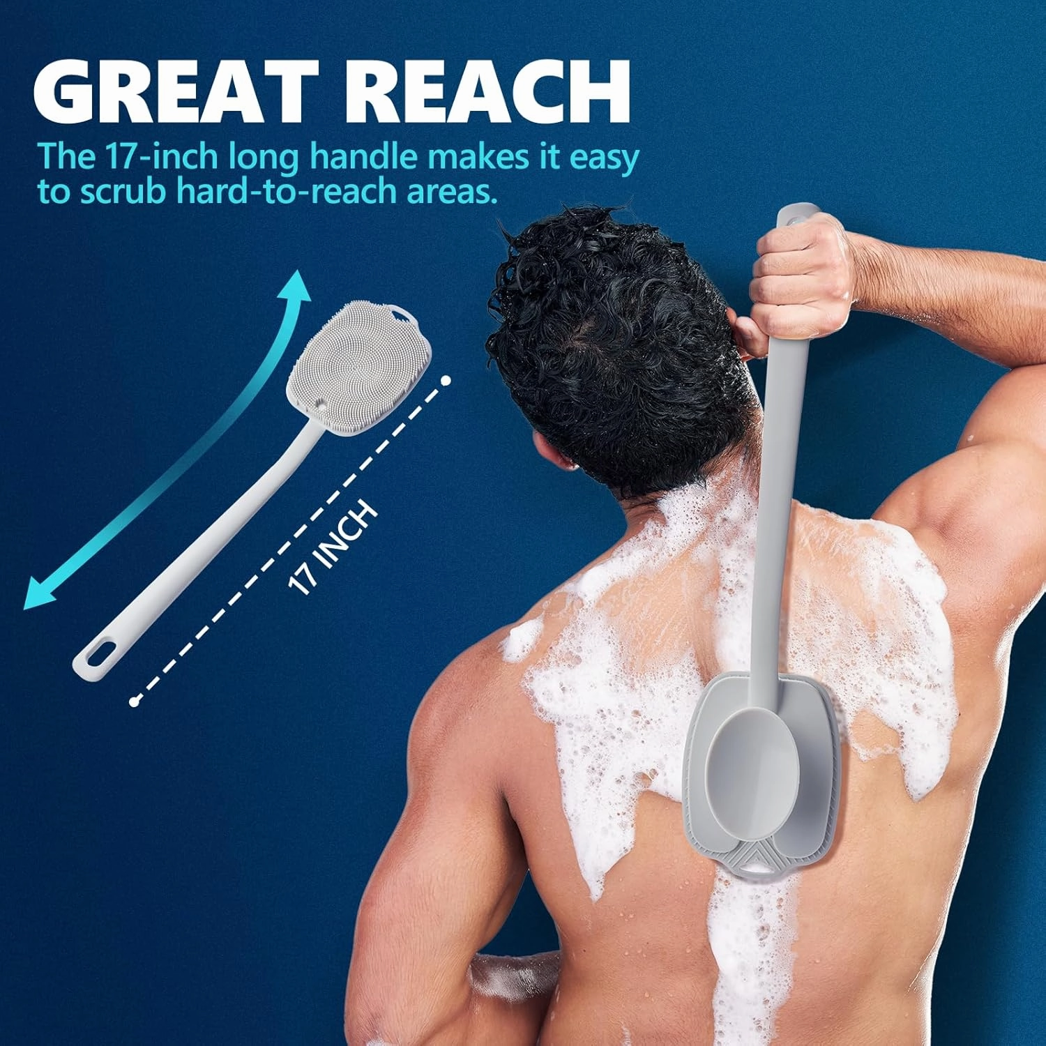 Silicone Back Scrubber for Shower, Detachable Long Handle Body Scrub Brush, Shower Brush for Shower Exfoliating and Message, Dual Purpose Overall Cleaning - Grey