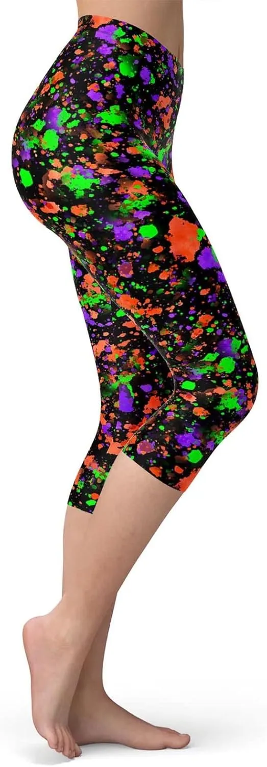 sissycos Women's Artistic Splash Printed Cropped Capri Leggings Buttery Soft Tights 21"