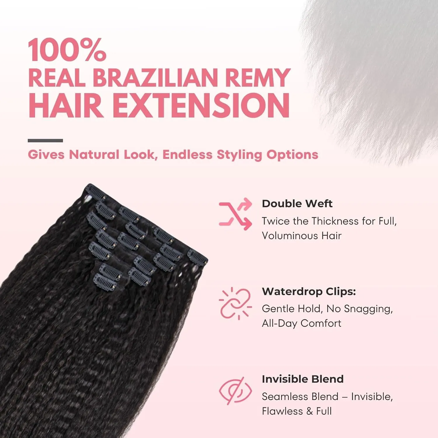 SIYUSI Kinky Straight Clip In Extensions, 100% Brazilian Remy Human Hair Clip Ins, Scalp-Friendly Invisible Clips, Natural Black, 3.52oz, 7Pcs (20 Inch)