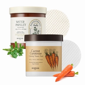 SKINFOOD Carrot Carotene Calming Water Pad and Pantotenic Water Parsley Clear Toner Pad, Exfoliating, Hydrating, Soothing, Moisturizing for Sensitive Skin, Carrot Pad(60pads)&Water Parsley Pad(60pads)
